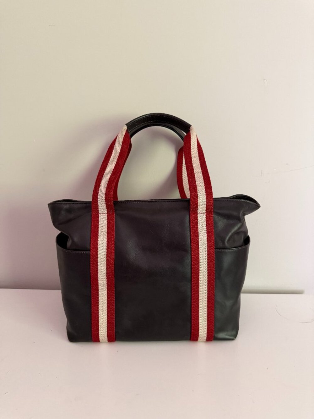 Bally Trainspotting Black Leather Tote Red & Cream Stripe Handles